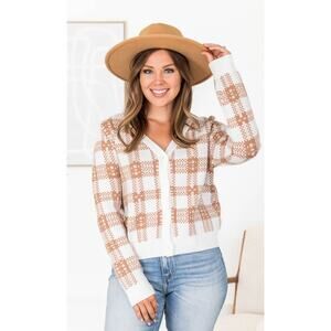 Pink Lily Brown Plaid Cardigan Sweater Long Sleeve Womens XL New Oh As If